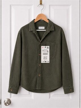 Zara NWT Boys Olive Green 100% Cotton Utility Shirt Sz 13-14 Teen 164cm